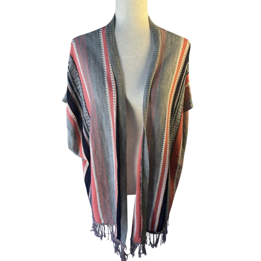 Say What? Striped Open-Front Shawl Cardigan in Gray, Coral and Navy